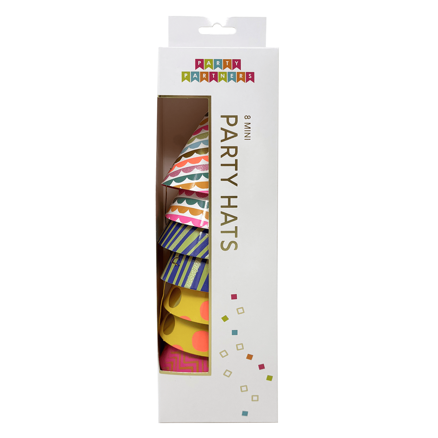 Colorful mini party hats by Party Partners, small cone-shaped party accessories with festive patterns and tassels.